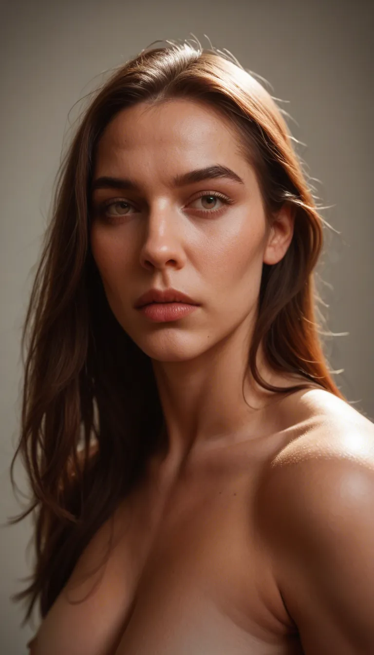 Photo realistic image. A adult woman with a softly oval face, a gently tapered jawline, high cheekbones, fair, warm peach-toned skin, and a subtle rosy blush. She has large, vivid emerald-green almond-shaped eyes with dark, defined lashes, gently arched brown eyebrows, a small, delicate nose, and full pink-peach lips with a soft satin sheen, slightly parted in a confident, playful expression. Her long, thick, voluminous chocolate-brown hair features warm chestnut highlights, cascading curls, loose spirals, and flowing waves that frame her face and extend well below her shoulders. She has a slender neck, softly rounded shoulders, and a relaxed, twisted pose, looking back over one shoulder directly at the viewer. Her figure has an exaggerated, highly curvaceous hourglass silhouette, featuring a full bust, a dramatically narrow waist, wide rounded hips, very full buttocks, and broad, shapely thighs. She has a big thick 9" cock and her legs are spread just enough to see it the whole veiny cock.