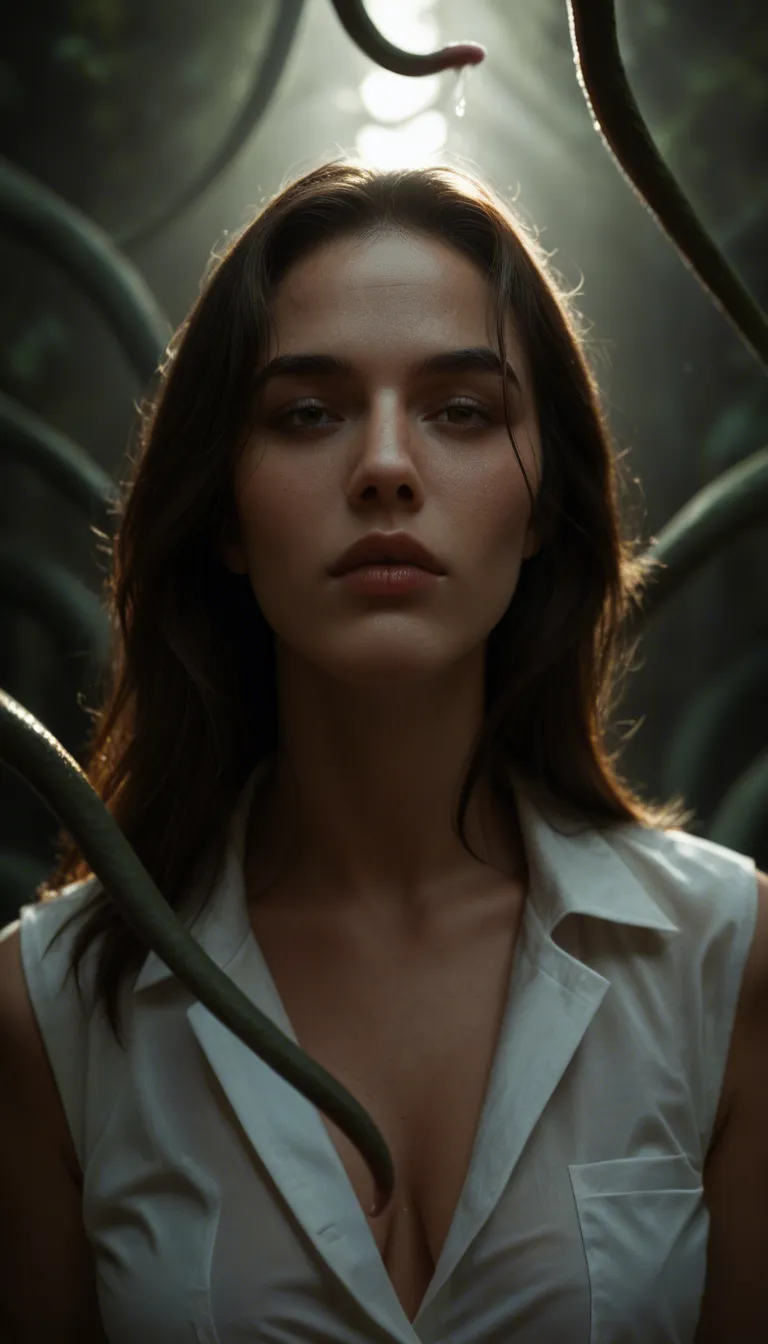highly detailed, natural lighting, brunette woman, sidelocks, white shirt, tentacle, dramatic lighting, lifelike render