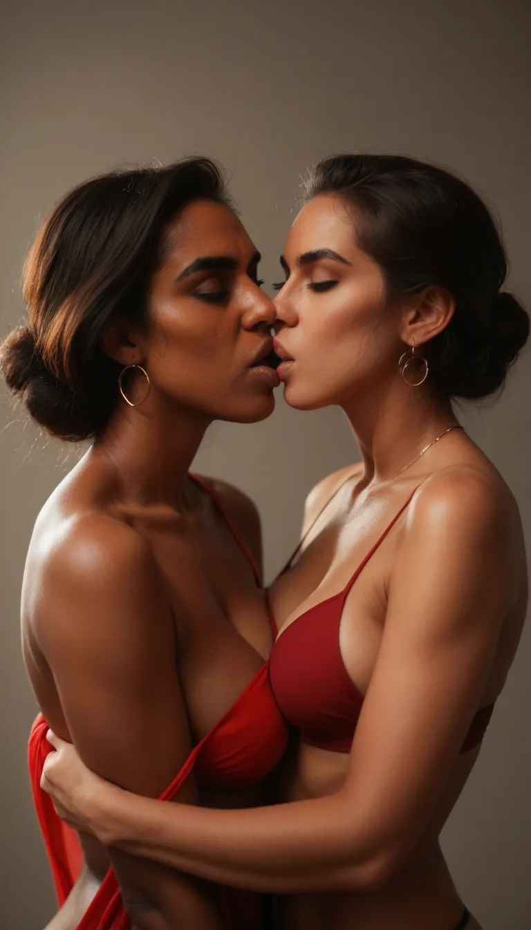 Indian women of age 39 is wearing red saree kissing a young man of age 19.