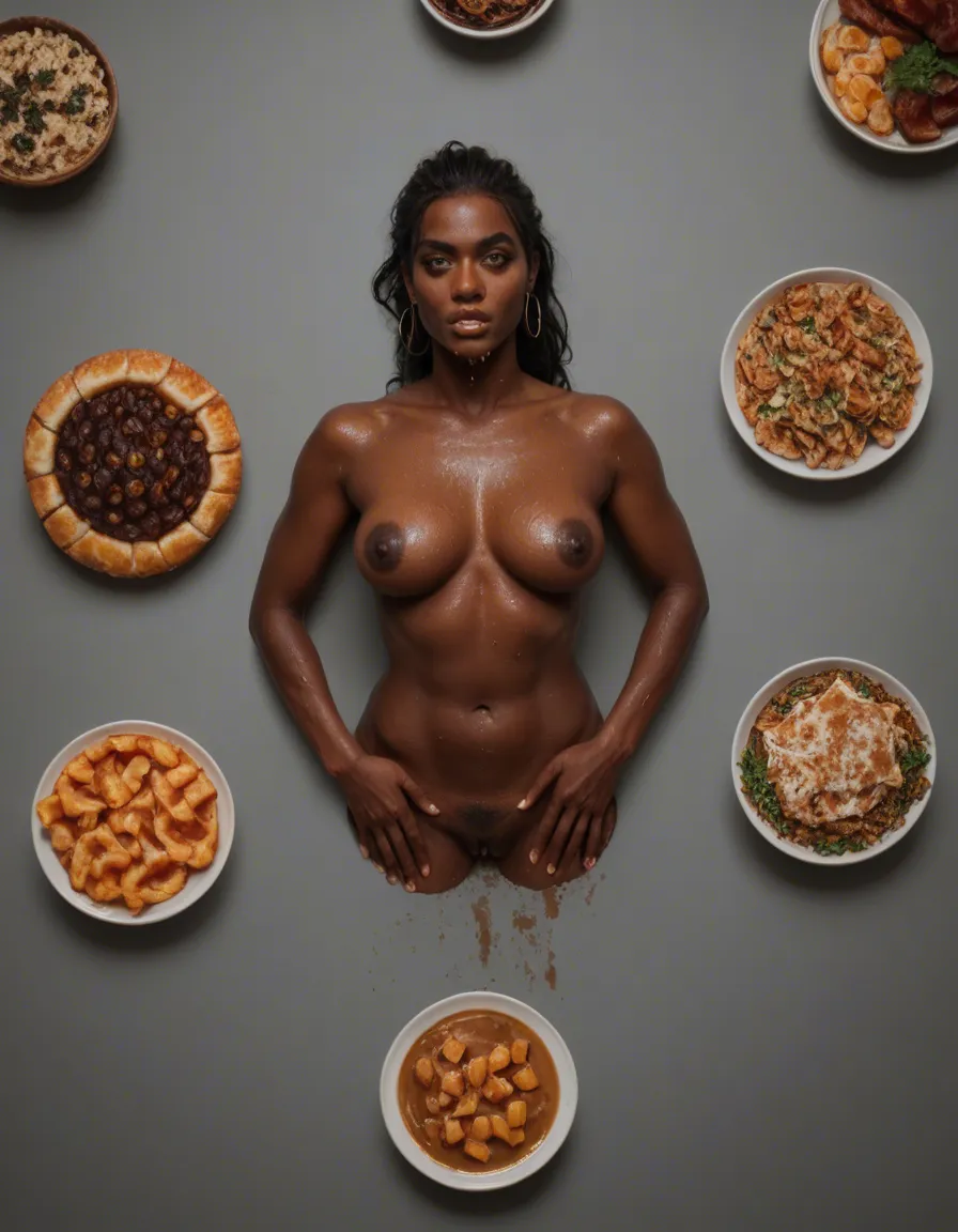 ultra HD, lifelike, 5women, dark-skinned female, food, wet pussy, grey background, from above, dslr quality, score_9, score_8, candid photo, realistic skin texture, visible skin pores, film grain, depth of field