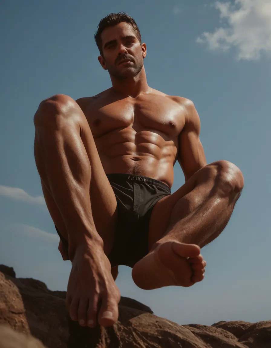 dslr, film grain, photorealistic, from below, male focus, presenting, feet out of frame, sky, tender moment, film photography ebony black queen, score_9, score_8, candid photo, realistic skin texture, visible skin pores, film grain, depth of field