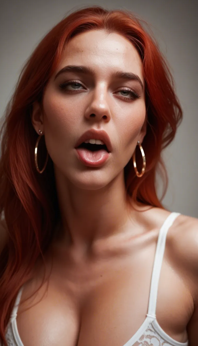 RAW photo, ultra realistic, mature female, red hair, earrings, ahegao