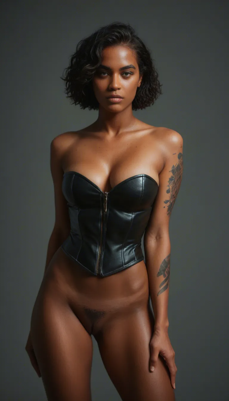 A plain but cute dark haired woman with very very short hair removes her corset. She has tattoos and a nose ring. Full body image.