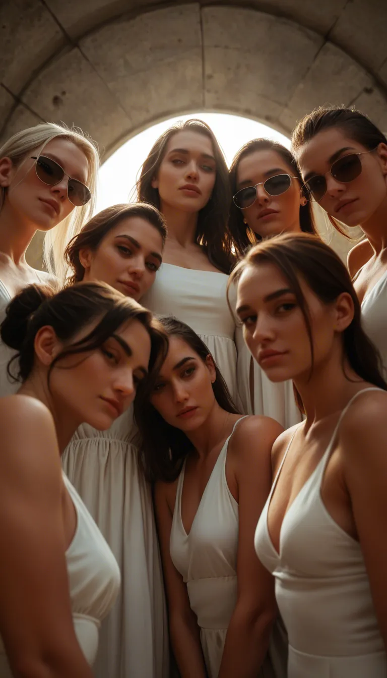 sharp focus, 8k uhd, 5women, sunglasses, dress, cuddling, orgasm, day, from below, spotlight, cinematic realism