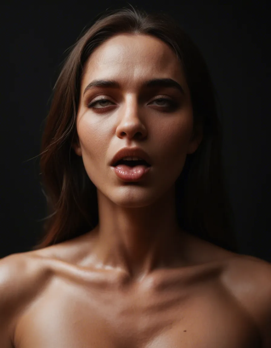 RAW photo, ultra realistic, witch, ahegao, collarbone, black background, natural skin texture, score_9, score_8, candid photo, realistic skin texture, visible skin pores, film grain, depth of field