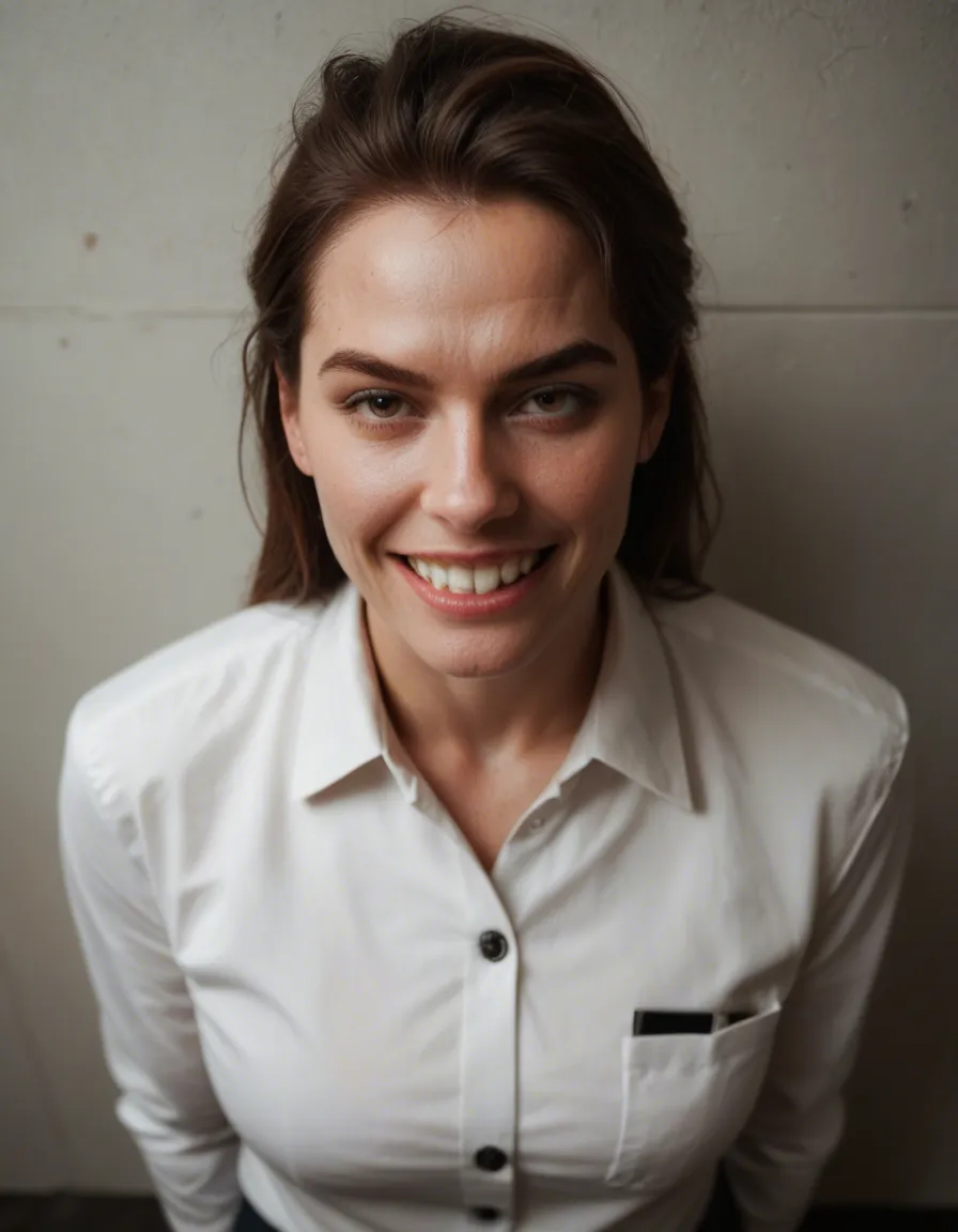 professional photo, high detail, from above, solo, presenting, buttons, teasing grin, dslr quality, score_9, score_8, candid photo, realistic skin texture, visible skin pores, film grain, depth of field