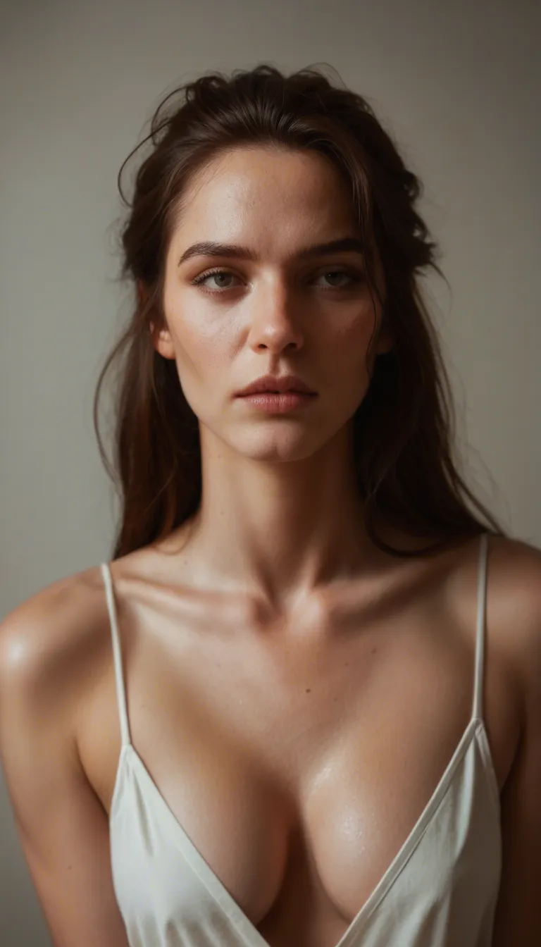realistic beautiful European woman, mid-20s, oval face with soft features, cat-eye shape, long Hair styled in a loose messy ponytail with a few soft strands framing her face, solo, breasts, looking_at_viewer, blush, smile, dark brown_hair, smirk_mouth, big rounded_breasts, upper_body, sidelocks, nude, completely_nude, hands behind head, lips, beautiful green_pupils, full body view, focus on breast
standing side view on a tropical beach with turquoise ocean waves and blue sky behind her):0.5) masterwork, masterpiece, best quality, detailed, depth of field, , high detail, best quality, very aesthetic, 8k, dynamic pose, depth of field, dynamic angle, adult, aged up,