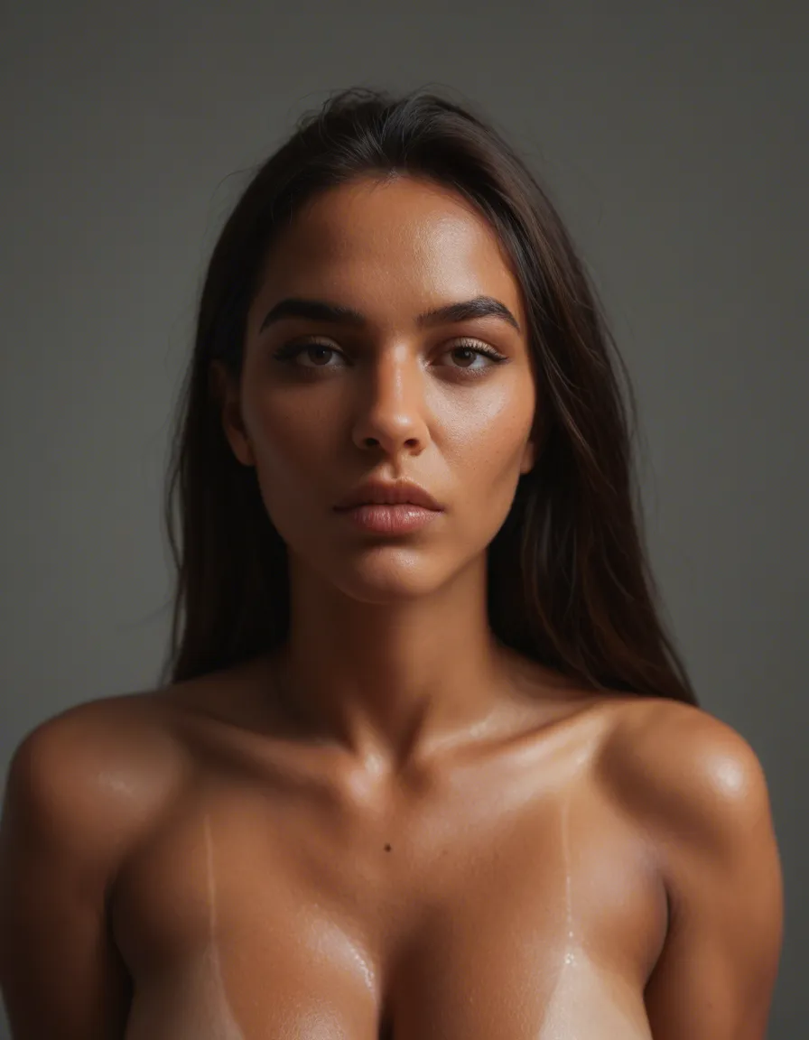Sexy tanned brunnette girl with big tits deepthroating a long black cock, score_9, score_8, candid photo, realistic skin texture, visible skin pores, film grain, depth of field