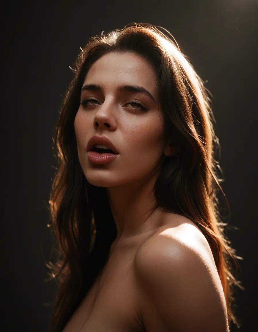 highly detailed, natural lighting, side view, witch, ahegao, lips, simple background, studio photo, score_9, score_8, candid photo, realistic skin texture, visible skin pores, film grain, depth of field