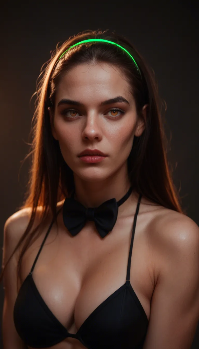 studio quality, sharp focus, demon girl, hairband, bowtie, presenting, neon glow, hyperrealistic