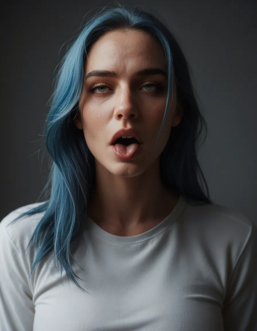cinematic photo, 8k, fitness model, blue hair, long sleeves, ahegao, ambient glow, film photography, score_9, score_8, candid photo, realistic skin texture, visible skin pores, film grain, depth of field
