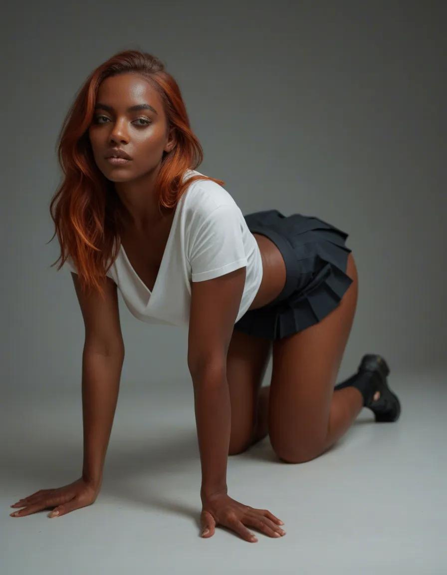 sharp focus, 8k uhd, redhead woman, dark-skinned female, pleated skirt, on all fours, rim light, 8k uhd photo, score_9, score_8, candid photo, realistic skin texture, visible skin pores, film grain, depth of field