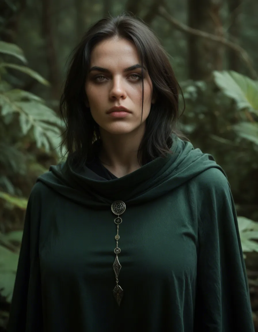 Photo‑realistic full-body portrait of a raven‑haired halfling woman in the visual style of The Rings of Power. Her hair is deep black, straight and glossy. Her eyes are sharp grey, observant and quietly intense. She only wears a moss‑green cloak, hanging open, showing her breasts and erect nipples, pubic zone is visible. The setting is a misty woodland edge at dawn, filmed with cool cinematic lighting, soft fog, shallow depth of field, and a 50mm lens. Her expression is calm, analytical, and enigmatic. Ultra‑detailed textures, moody color grading., score_9, score_8, candid photo, realistic skin texture, visible skin pores, film grain, depth of field