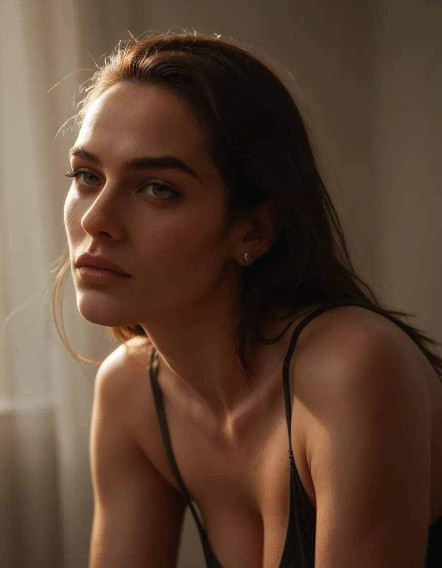 highly detailed, natural lighting, brunette woman, earrings, bent over, cool tones, cinematic realism, score_9, score_8, candid photo, realistic skin texture, visible skin pores, film grain, depth of field
