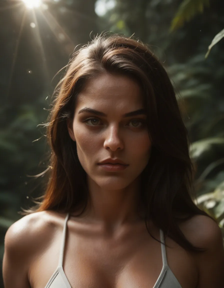 dslr, film grain, photorealistic, wide shot, brunette woman, presenting, colored skin, sunlight, RAW photo, score_9, score_8, candid photo, realistic skin texture, visible skin pores, film grain, depth of field