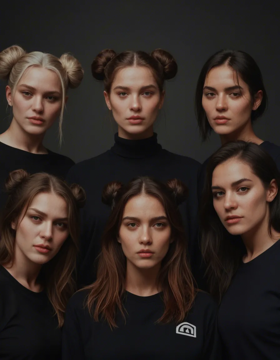 dslr, film grain, photorealistic, 4women, double bun, long sleeves, presenting, cool tones, lifelike render, score_9, score_8, candid photo, realistic skin texture, visible skin pores, film grain, depth of field