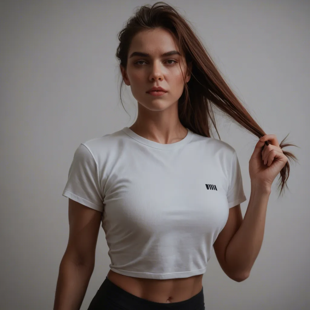 dslr, film grain, photorealistic, fitness model, hourglass figure, white shirt, hip sway, hair pull, white background, three-quarter view, lifelike render