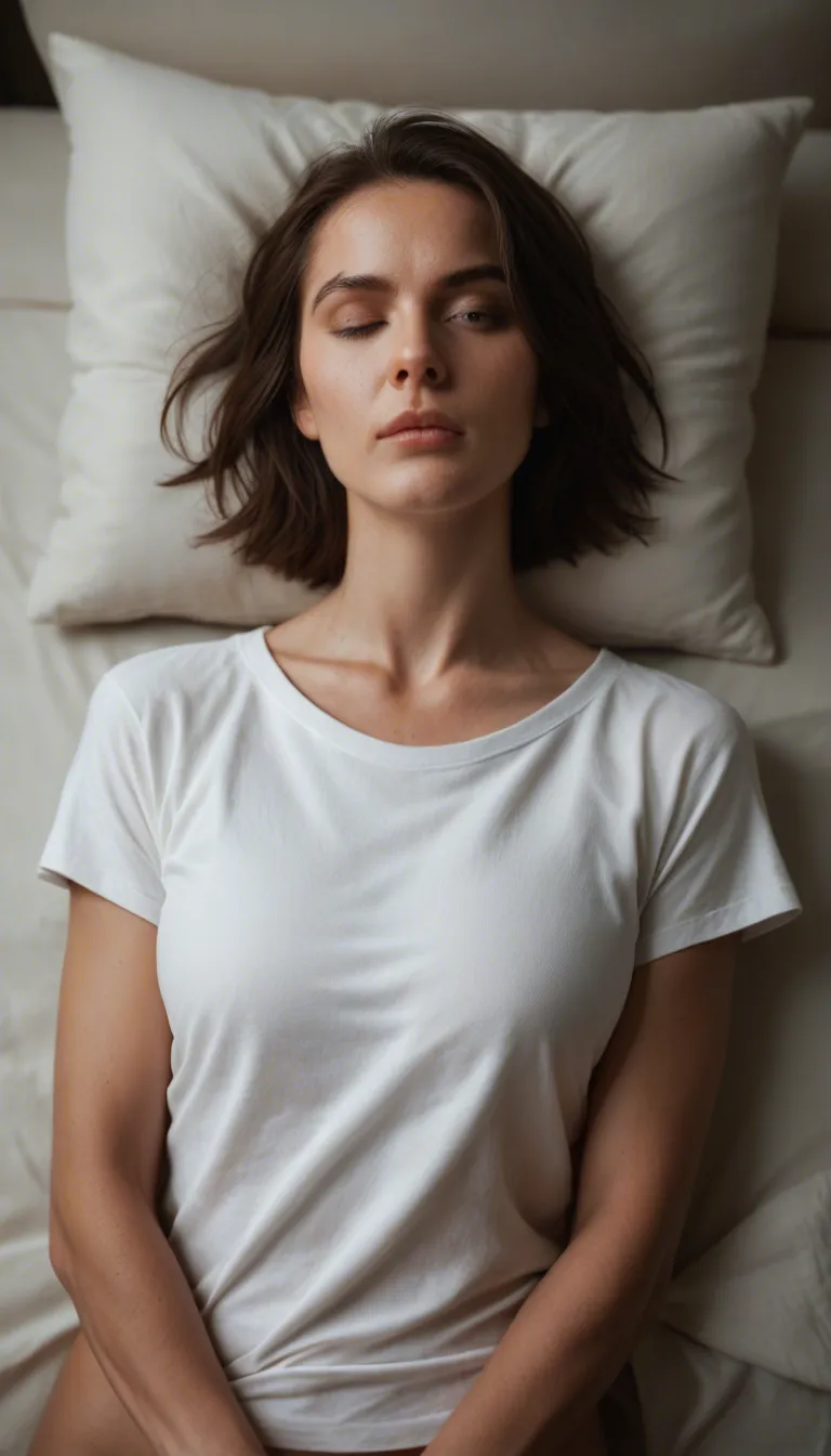 RAW photo, ultra realistic, 1woman, collarbone, short sleeves, winking, fully nude, pillow, cool tones, cinematic realism