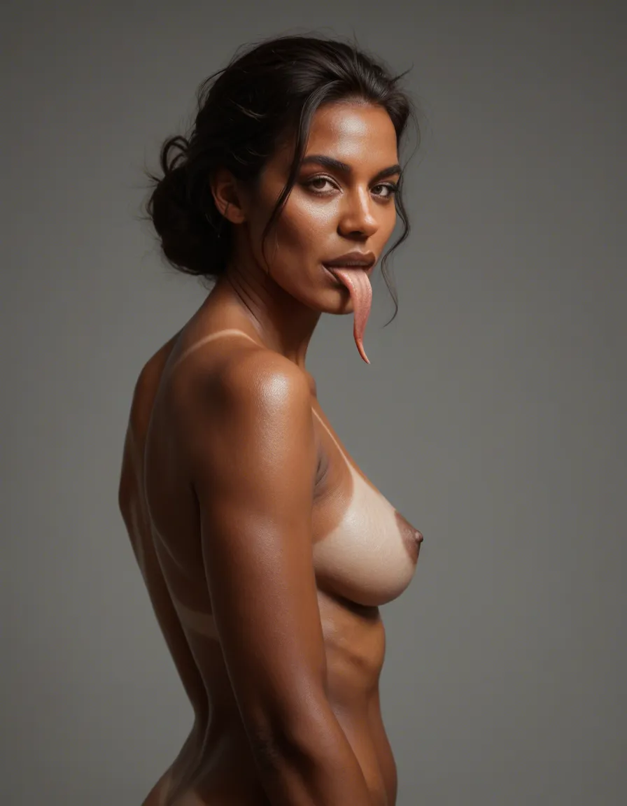 mature_female , very dark_skin , very light tan lines, forked tongue ,score_9, score_8, candid photo, realistic skin texture, visible skin pores, film grain, depth of field, score_9, score_8, candid photo, realistic skin texture, visible skin pores, film grain, depth of field