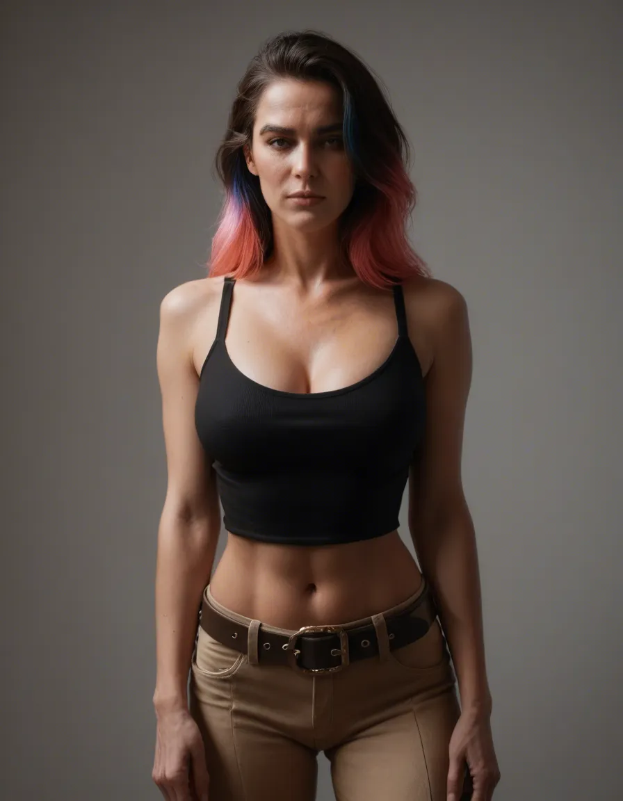 best quality, hyperrealistic, mature female, two-tone hair, belt, futanari, lifelike render, score_9, score_8, candid photo, realistic skin texture, visible skin pores, film grain, depth of field