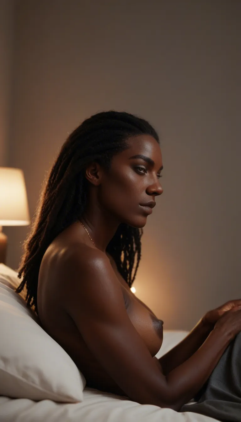 african american woman, side view, lights out, blacklight effect, in bed with husband, sitting on his lap but she's laying back, his hand on her stomach, low quality, safe for work, censored, in bed, night time, she's sitting on his lap, n tv show scene, sweating, adults, moaning, film grain, wide angle, black bars widescreen