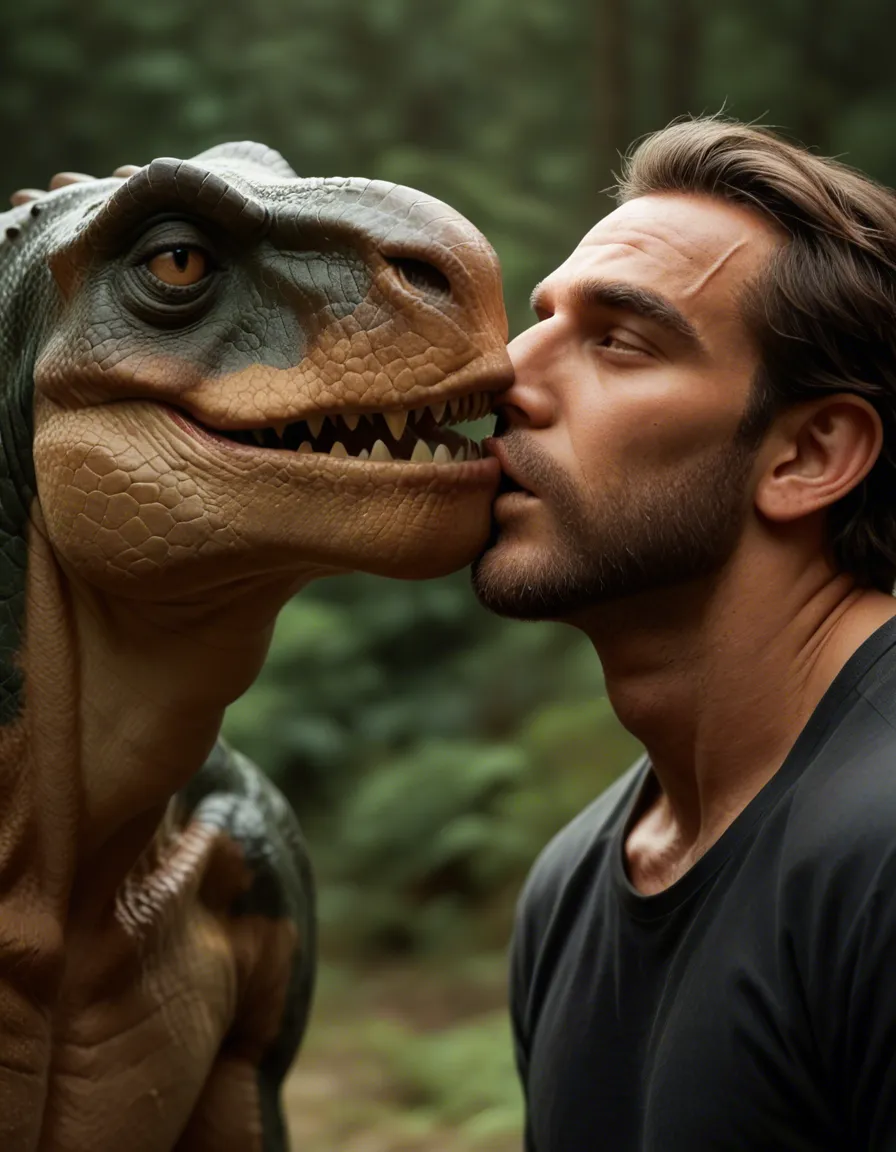 Two furry_males kissing, tyrannosaurus, score_9, score_8, candid photo, realistic skin texture, visible skin pores, film grain, depth of field, score_9, score_8, candid photo, realistic skin texture, visible skin pores, film grain, depth of field, score_9, score_8, candid photo, realistic skin texture, visible skin pores, film grain, depth of field