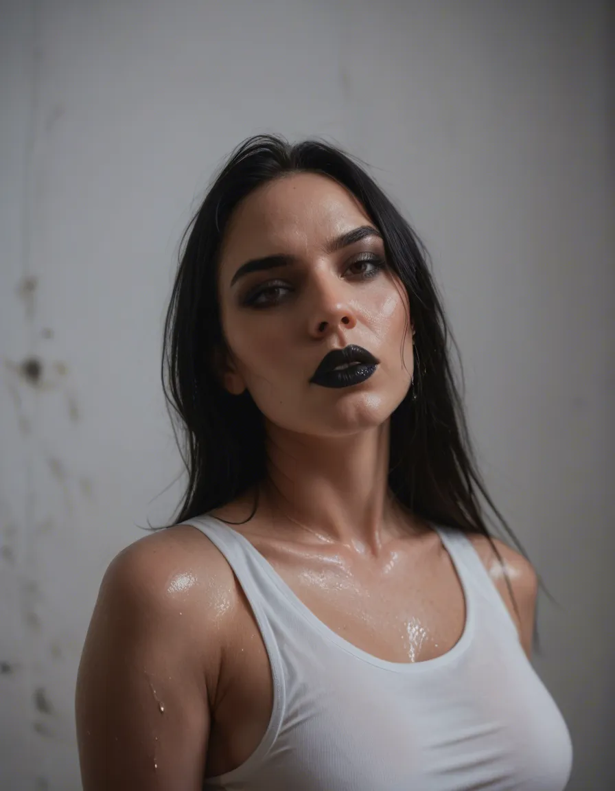 Goth woman with black lipstick using a big industrial vacuum cleaner to suck on a woman her plumped wet shiny Lips, score_9, score_8, candid photo, realistic skin texture, visible skin pores, film grain, depth of field
