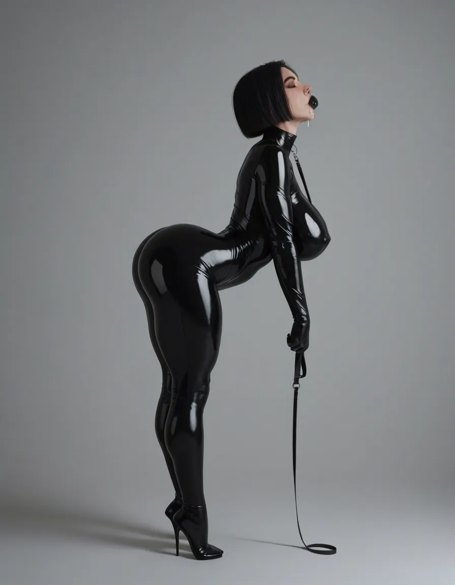 sexy slim hot woman (20 - 30 years old look, drooling, full closed body black latex costume, black bob cut hair, black eyes, makeup, looking afar, expressionless, black ball_gag, blank_eyes, leash, gigantic huge_breasts, huge_ass , straight-on, squatting, arms at side, high_heels), view from above, full_body . BREAK : in a living room., score_9, score_8, candid photo, realistic skin texture, visible skin pores, film grain, depth of field