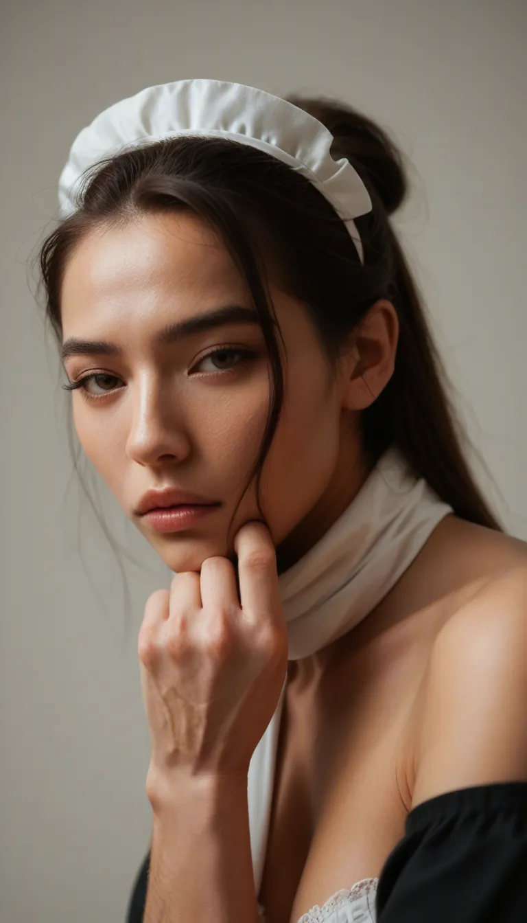 ultra HD, lifelike, maid, scarf, bow, slow turn, cunnilingus, transparent background, natural skin texture athletic asian