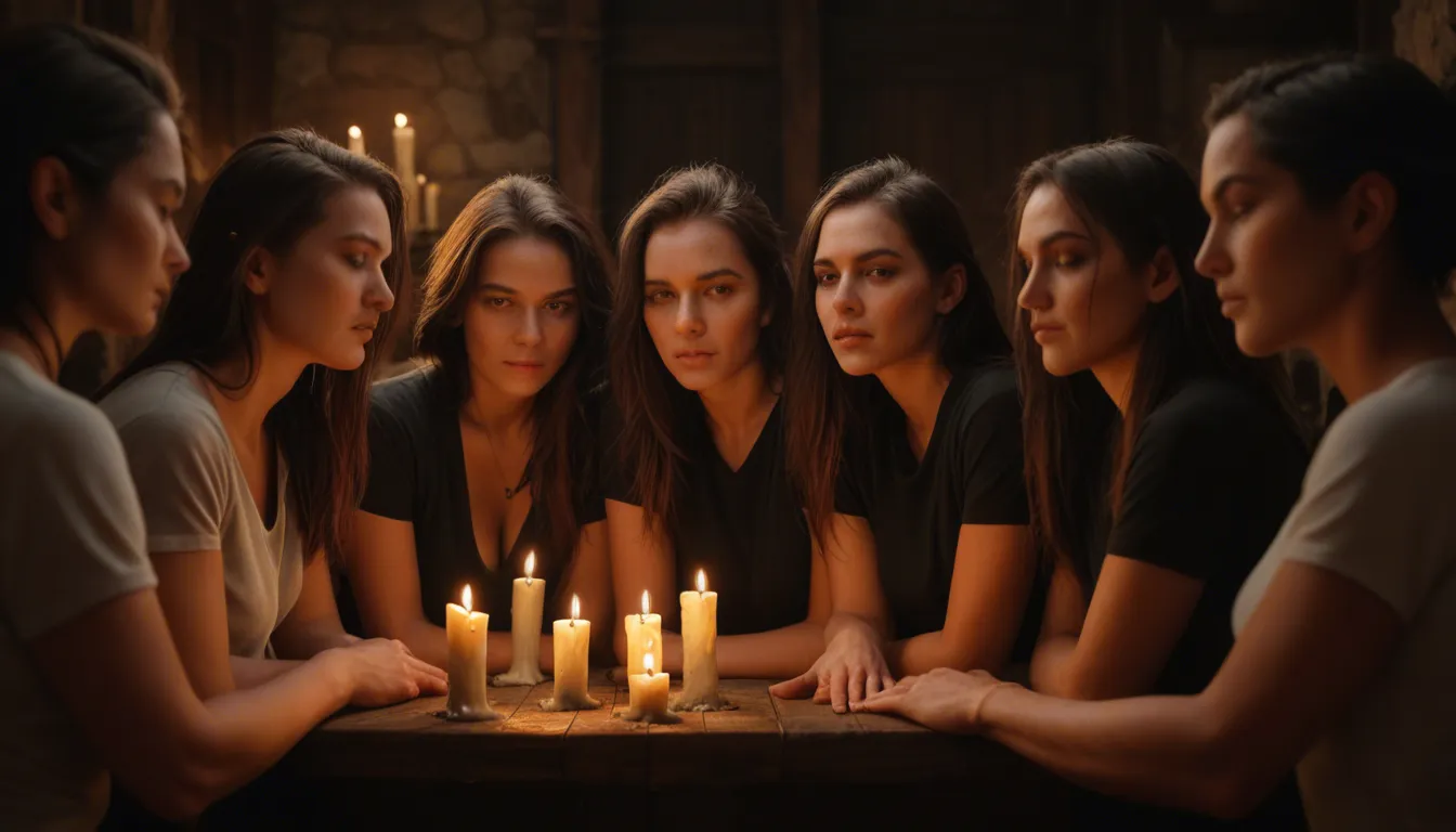 8k, sharp focus, detailed skin, 5women, short sleeves, grinding, candlelight, studio photo