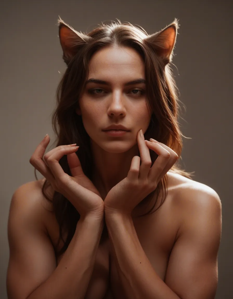 cinematic photo, 8k, three-quarter view, catgirl, futanari, hands up, tender moment, RAW photo, score_9, score_8, candid photo, realistic skin texture, visible skin pores, film grain, depth of field