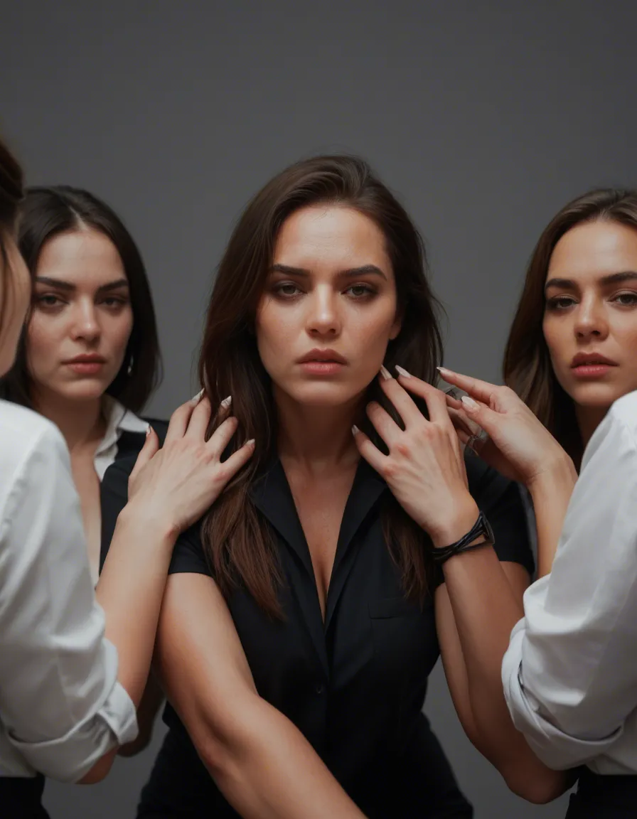 professional photo, high detail, 5women, bondage, fingernails, grey background, film photography, score_9, score_8, candid photo, realistic skin texture, visible skin pores, film grain, depth of field