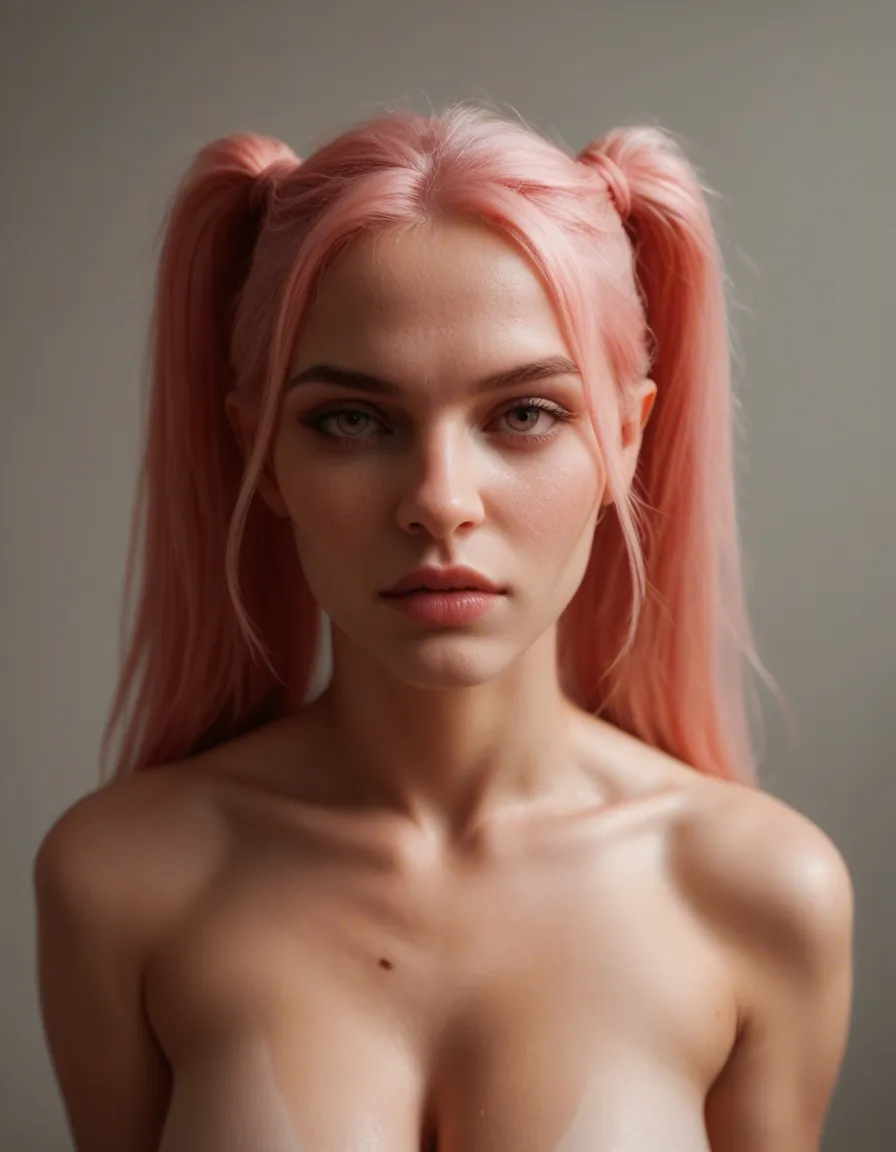 18 yeah old girl with pink pigtails and small boobs naked, score_9, score_8, candid photo, realistic skin texture, visible skin pores, film grain, depth of field
