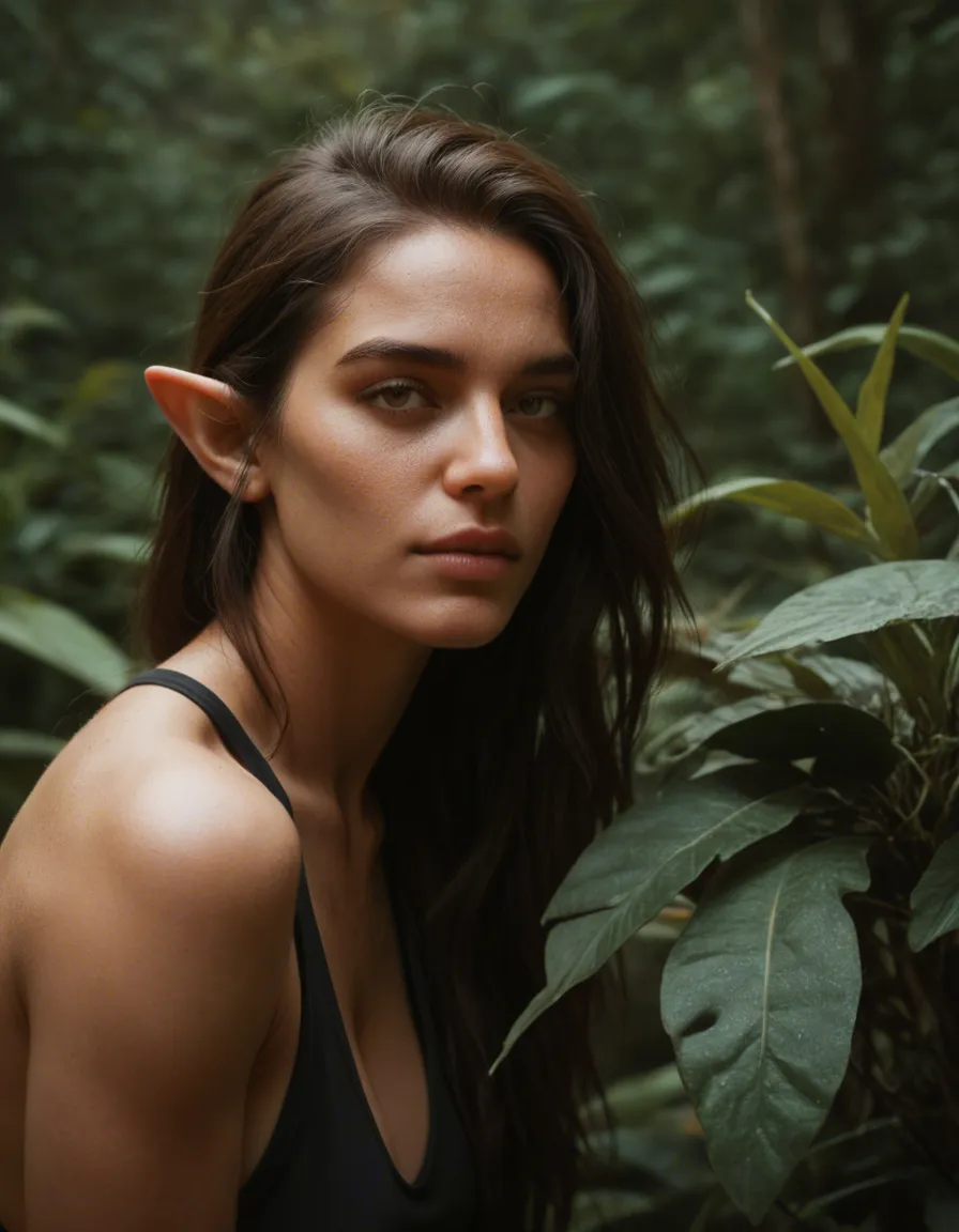 ultra HD, lifelike, couple, presenting, pointy ears, plant, natural skin texture, score_9, score_8, candid photo, realistic skin texture, visible skin pores, film grain, depth of field