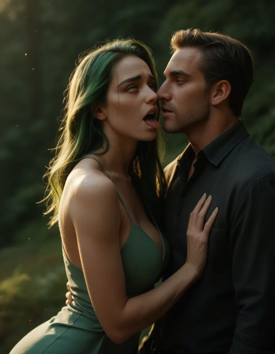 highly detailed, natural lighting, couple, green hair, dress, ahegao, cinematic realism, score_9, score_8, candid photo, realistic skin texture, visible skin pores, film grain, depth of field