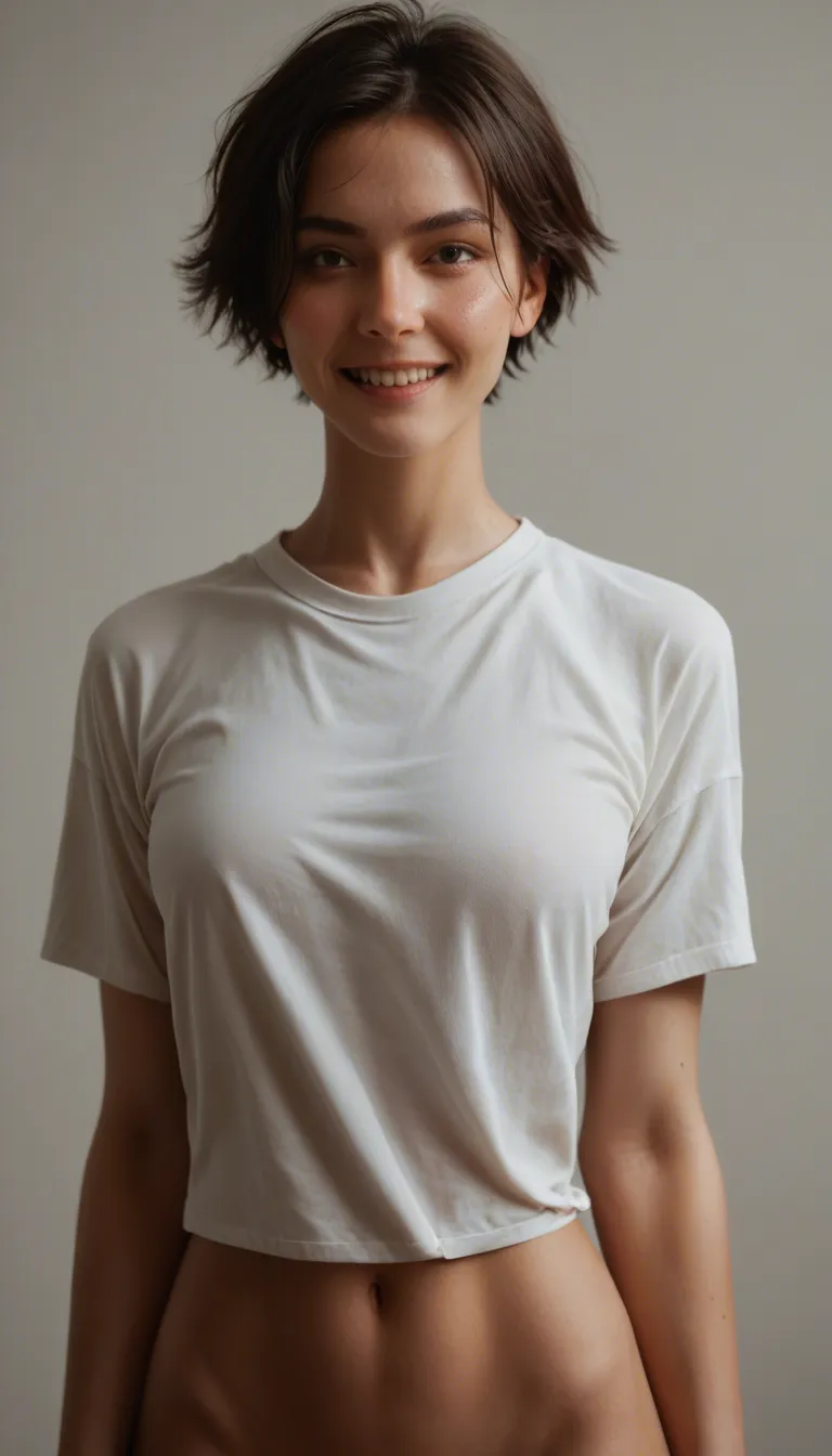Japanese, black_hair, short_hair, narrow_waist, small_breasts, naked_shirt, bottomless, tomboy, happy, blush, absurdres, anime
