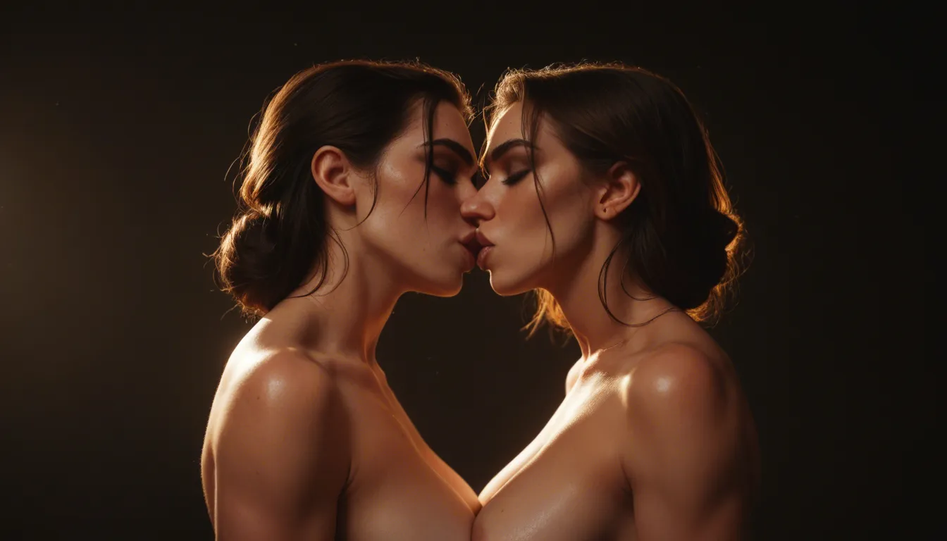 A beautiful 40+ year old women kissing and touching the breasts of a 20 year old female