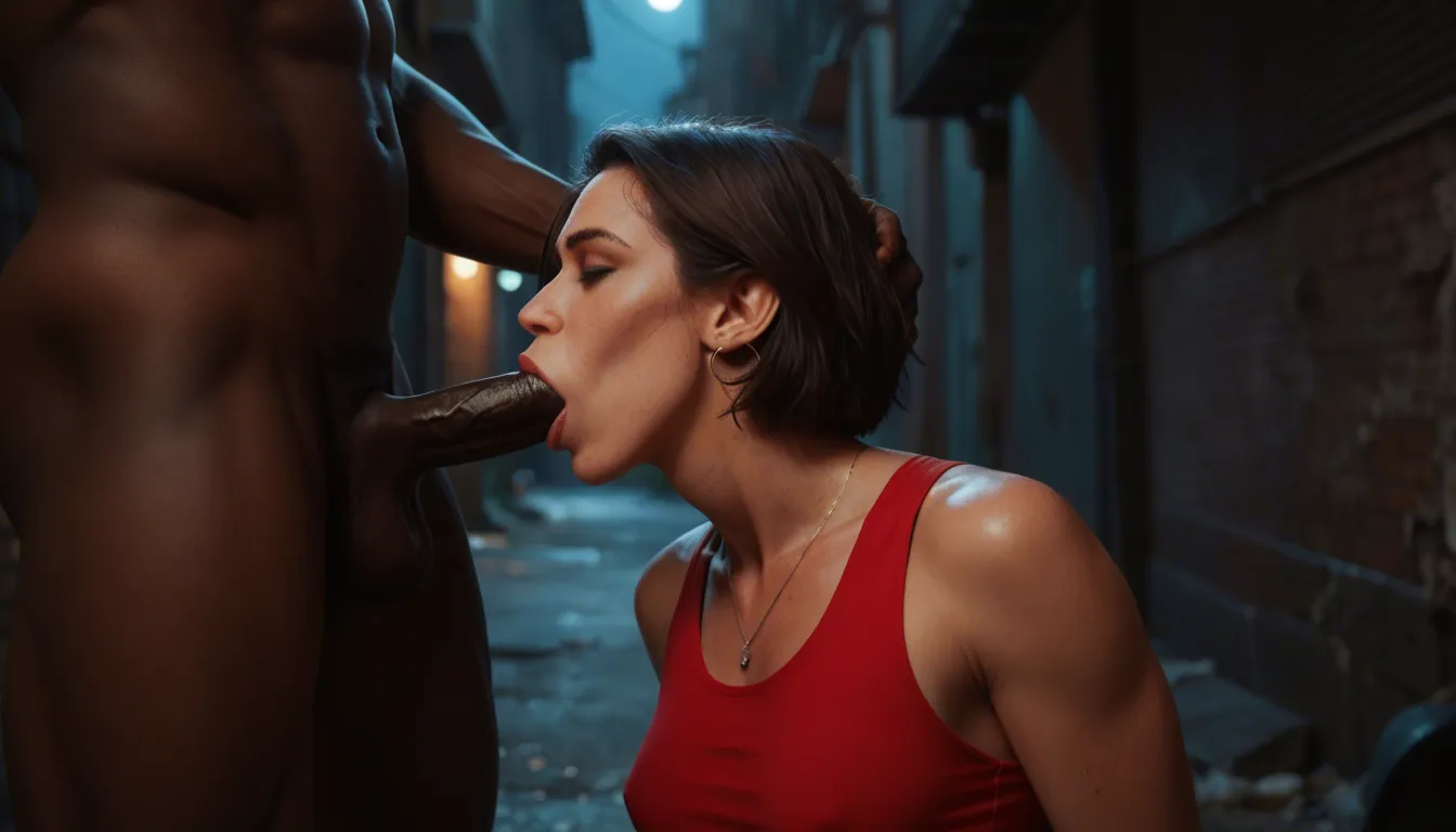 Interracial deepthroat blowjob, clothed sex. Night, in back alley, dark-skinned African (mature female), short hair, small breasts, red sleeveless top, black leather skirt, black thong, some pubic hair, black thigh boots, squatting, deepthroating a dark-skinned police officer with a large penis, hair pull.
