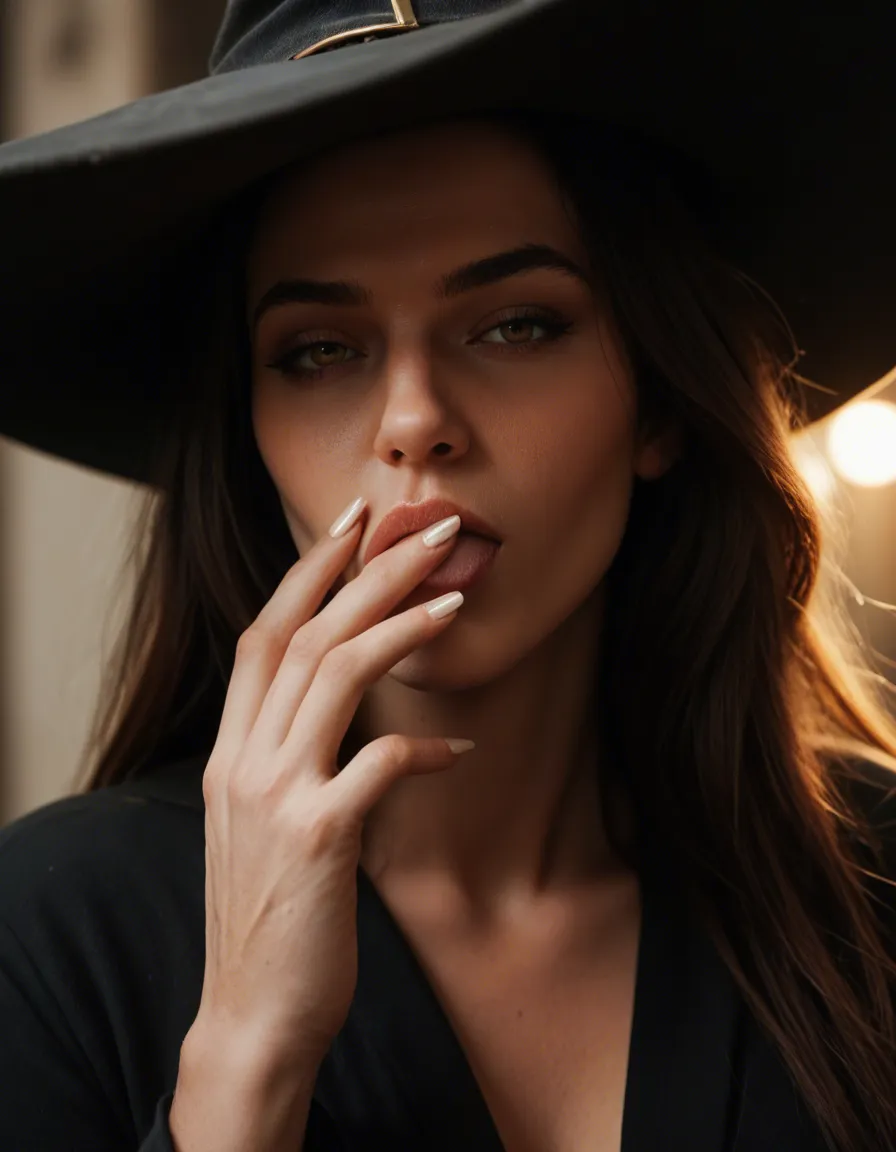 cinematic photo, 8k, witch, fingernails, shirt, seductive gaze, blowjob, close-up, 8k uhd photo, score_9, score_8, candid photo, realistic skin texture, visible skin pores, film grain, depth of field