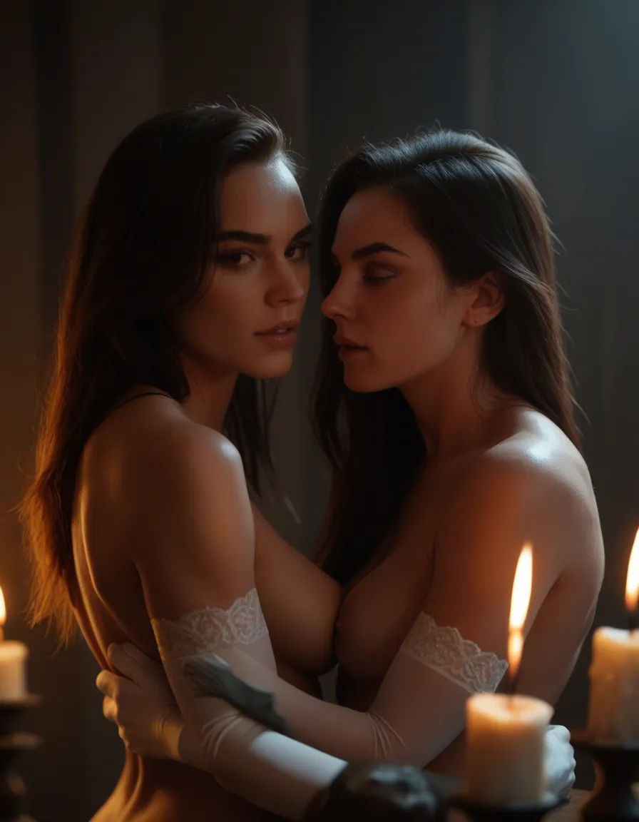 ultra HD, lifelike, 2girls, elbow gloves, futanari, candlelight, dslr quality, score_9, score_8, candid photo, realistic skin texture, visible skin pores, film grain, depth of field
