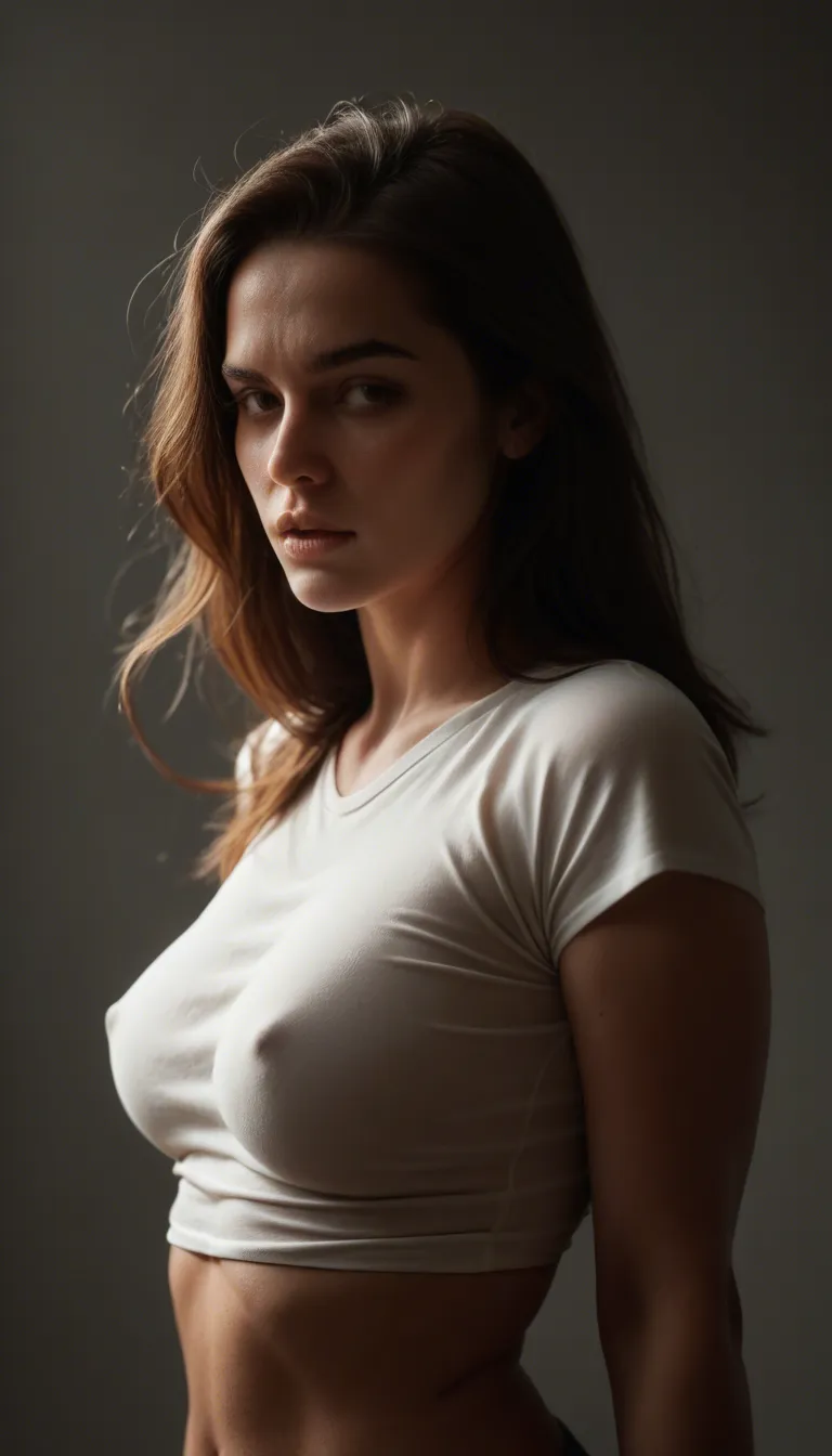 studio quality, sharp focus, brunette woman, shirt, bouncing breasts, backlit, hyperrealistic, SSBBW