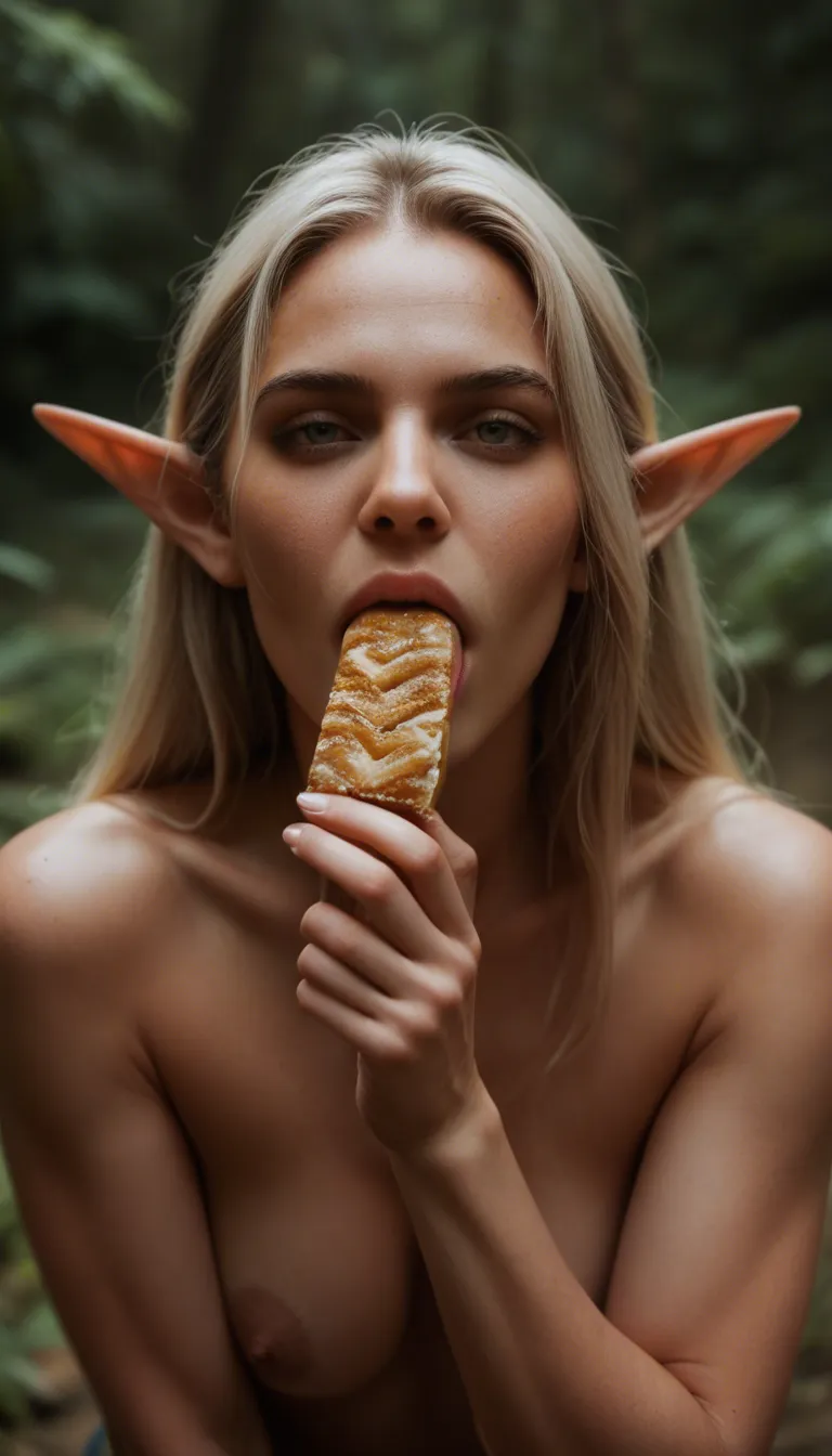 cinematic photo, 8k, elf woman, food, oral, lifelike render, petite ,