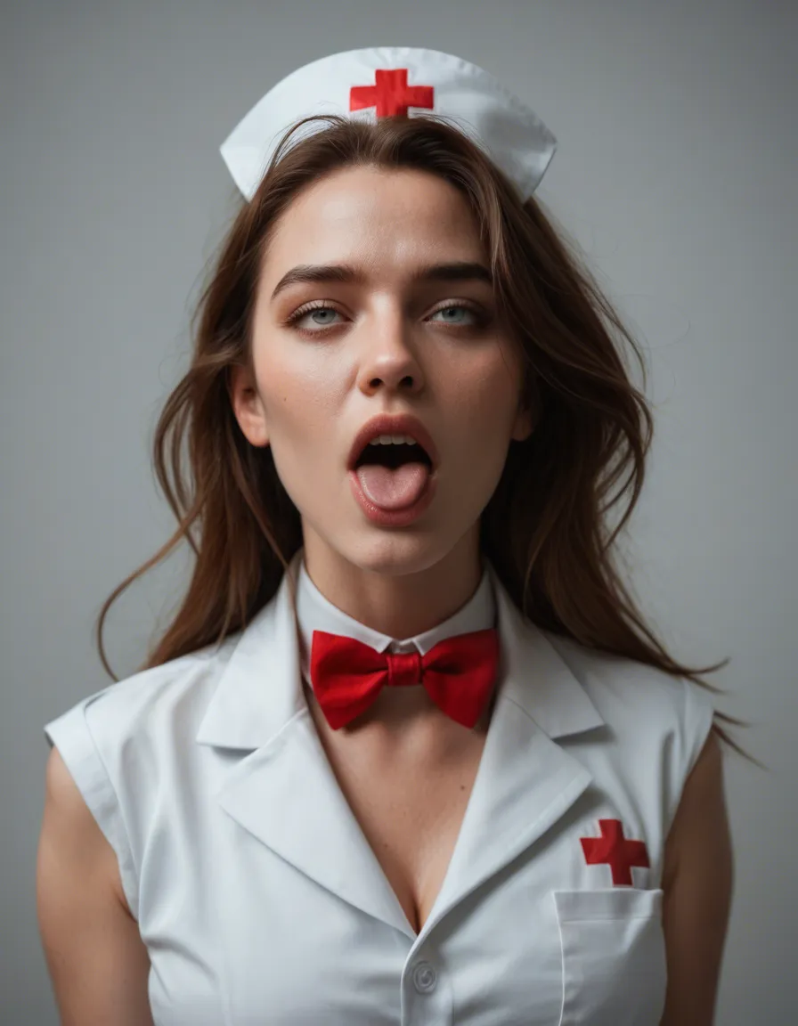 best quality, hyperrealistic, nurse, floating hair, bowtie, ahegao, lifelike render, score_9, score_8, candid photo, realistic skin texture, visible skin pores, film grain, depth of field