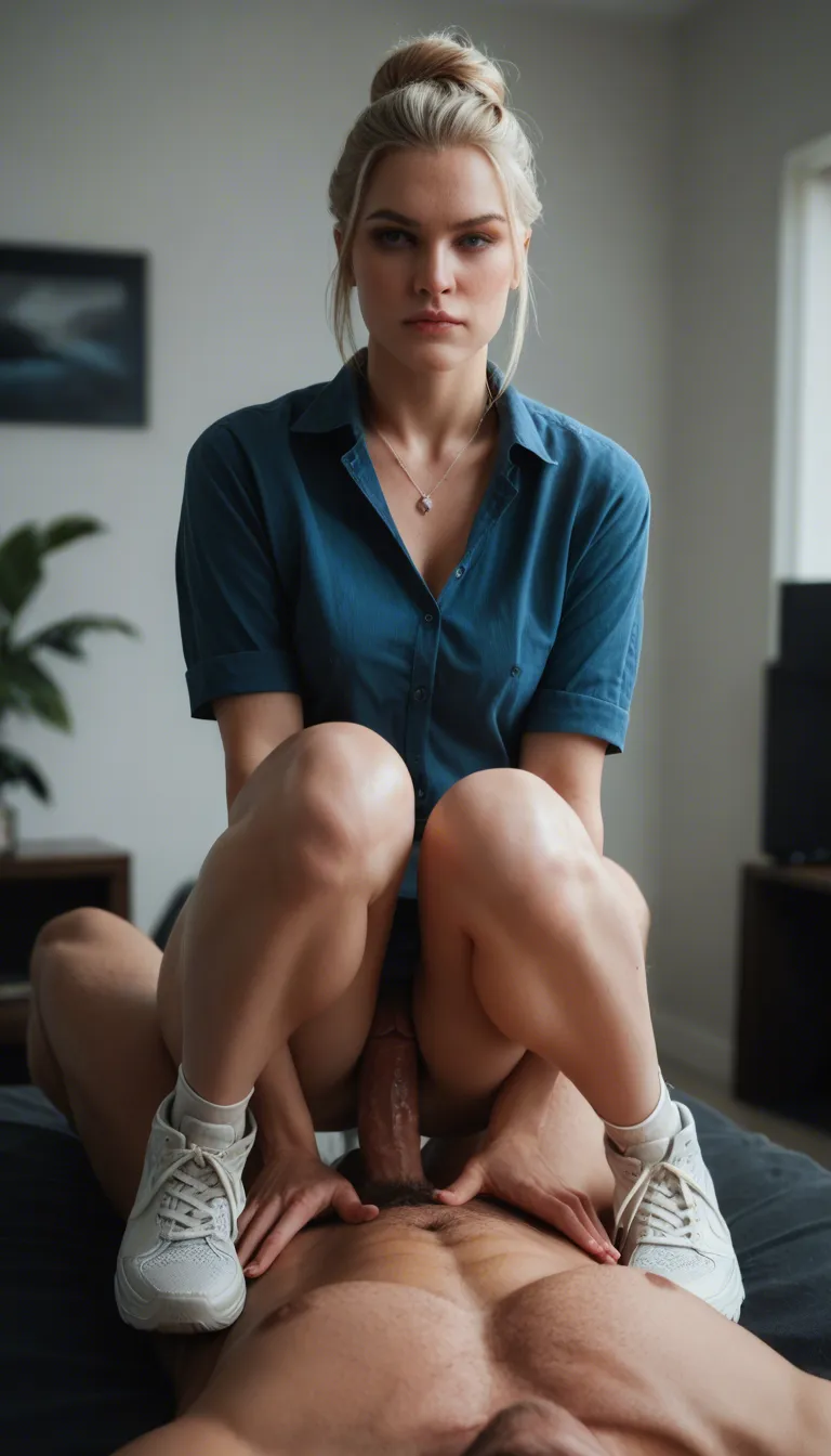 best quality, hyperrealistic, blonde bun hair, silver necklace with a small round diamond, stockings, riding dick, blue blouse, white sneakers, in office