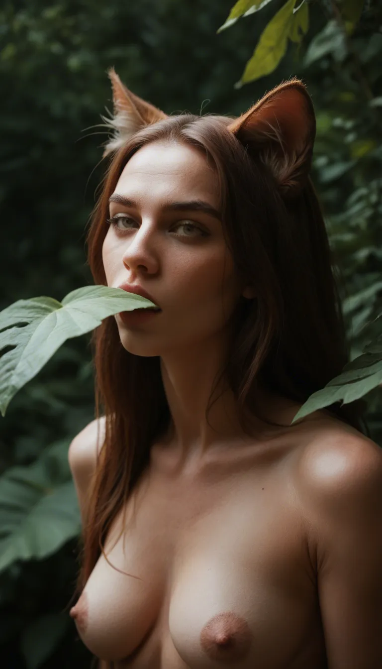 ultra HD, lifelike, three-quarter view, catgirl, deepthroat, groin, leaf, RAW photo
