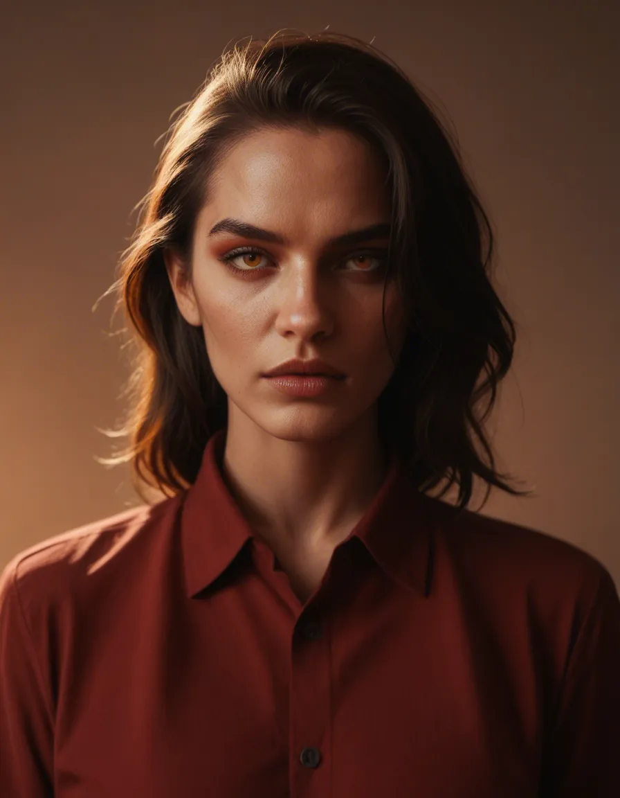 best quality, hyperrealistic, demon woman, collared shirt, fully nude, cinematic realism, score_9, score_8, cinematic film still, anamorphic, film grain, dramatic lighting, shallow depth of field