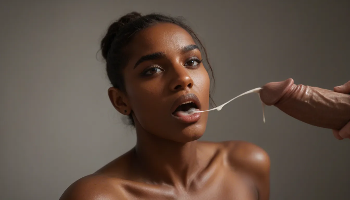 Dark skinned Latina jerks cum in her open mouth, then swallows it all.