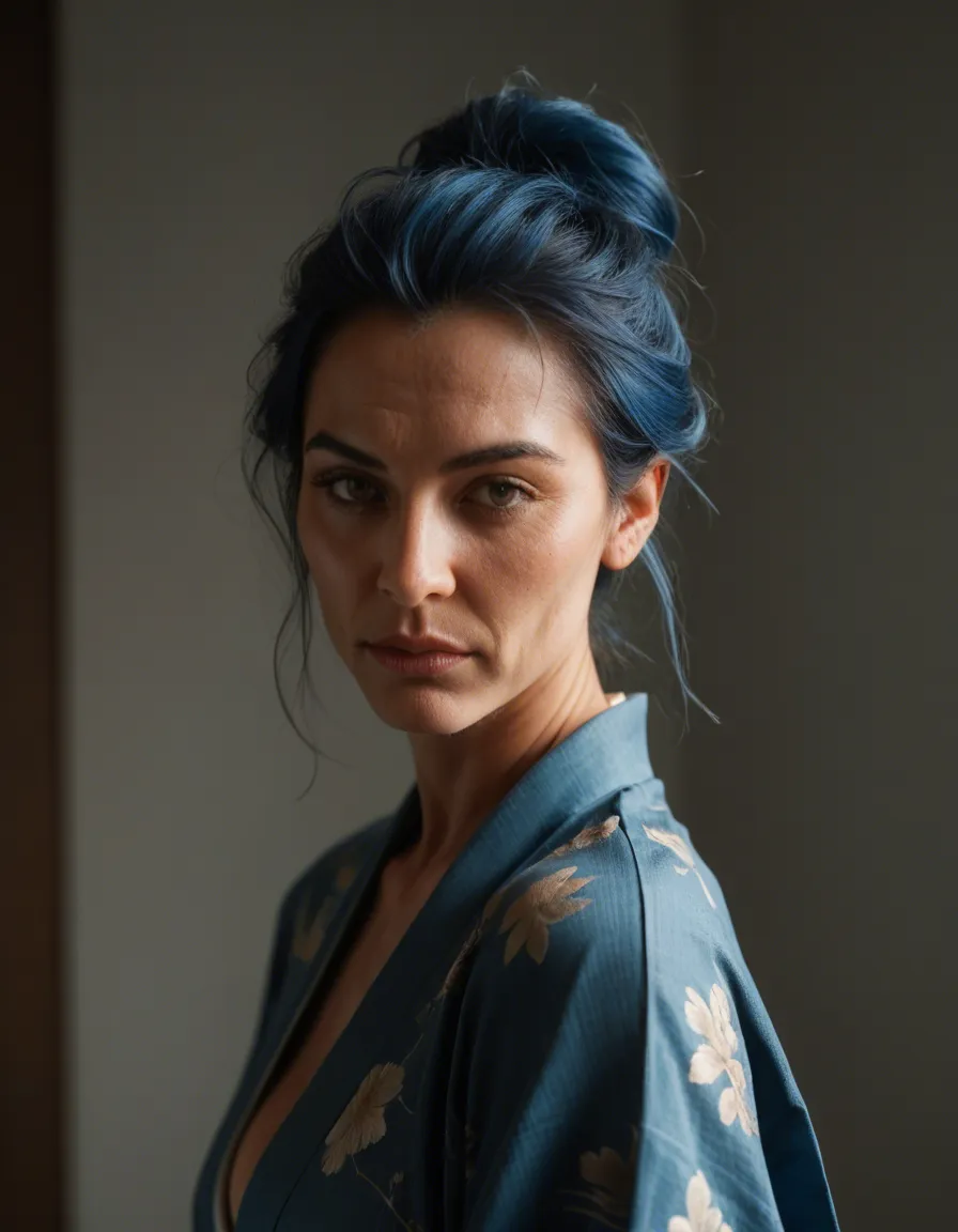 RAW photo, ultra realistic, milf, blue hair, japanese clothes, presenting, studio lighting, natural skin texture, score_9, score_8, candid photo, realistic skin texture, visible skin pores, film grain, depth of field