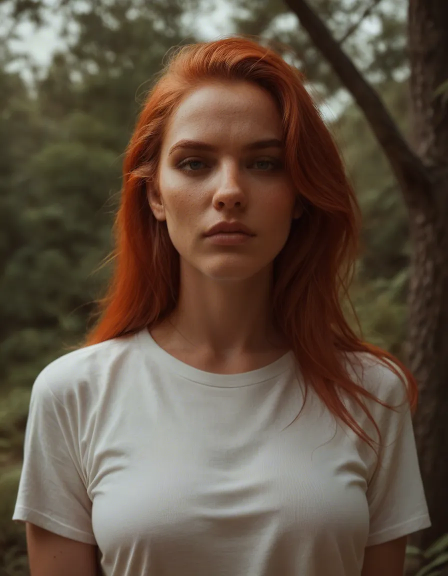 8k, sharp focus, detailed skin, redhead woman, wide hips, white shirt, presenting, tree, RAW photo, score_9, score_8, candid photo, realistic skin texture, visible skin pores, film grain, depth of field