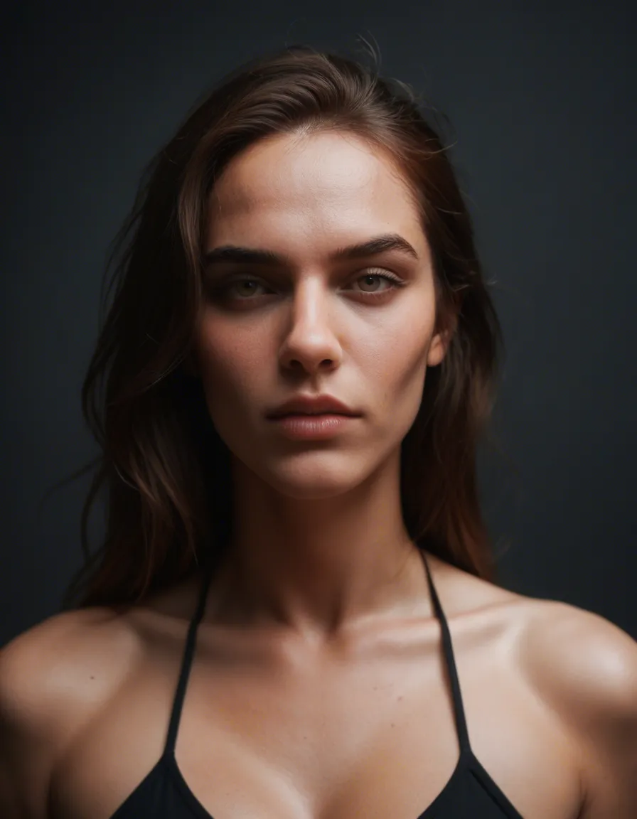 cinematic photo, 8k, 1other, presenting, collarbone, confident gaze, hyperrealistic, score_9, score_8, candid photo, realistic skin texture, visible skin pores, film grain, depth of field